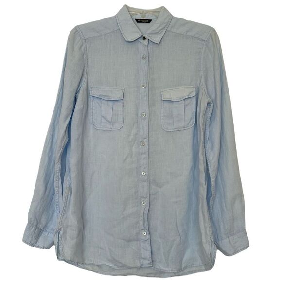 Massimo Dutti Cotton Linen Shirt Women’s 8 Medium Blue Button Up With Pockets - Picture 8 of 8